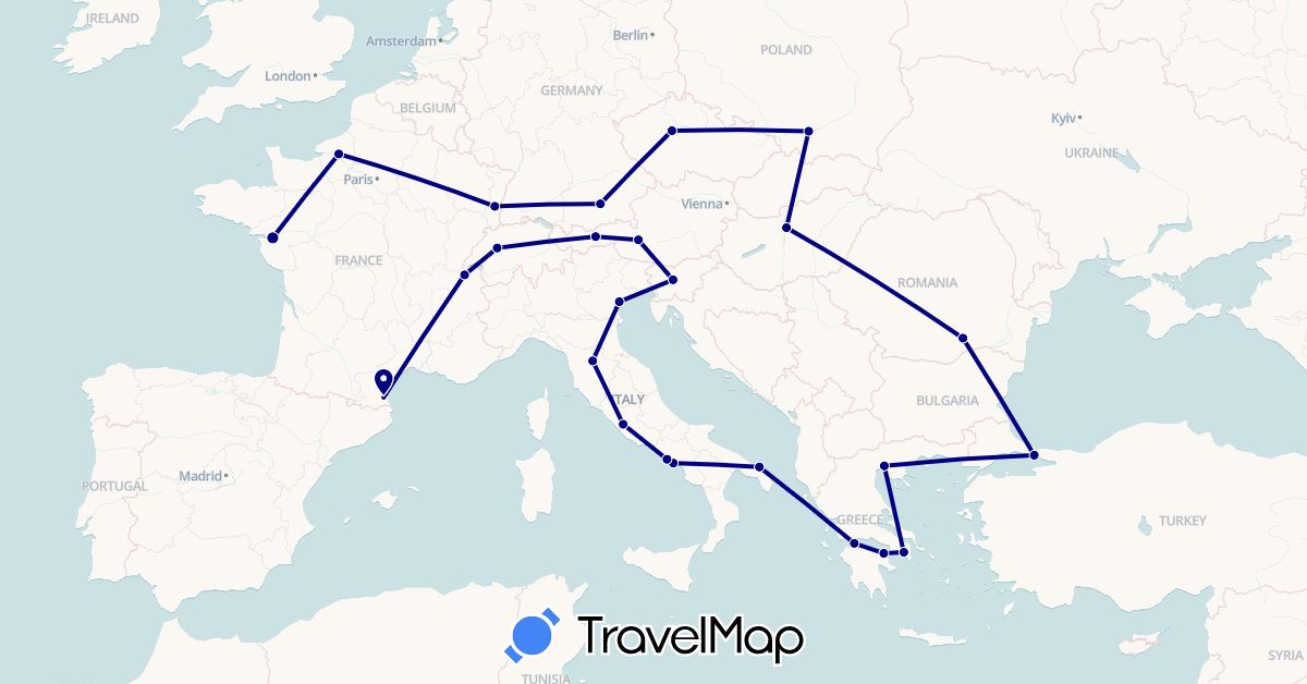 TravelMap itinerary: driving in Austria, Switzerland, Czech Republic, Germany, France, Greece, Hungary, Italy, Poland, Romania, Slovenia, Turkey (Asia, Europe)